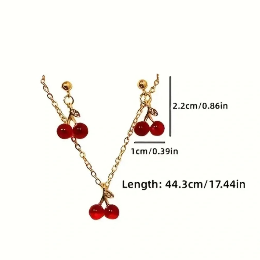 A set of Cherry Pendant Necklace and earrings, tiny and cute for little girls
